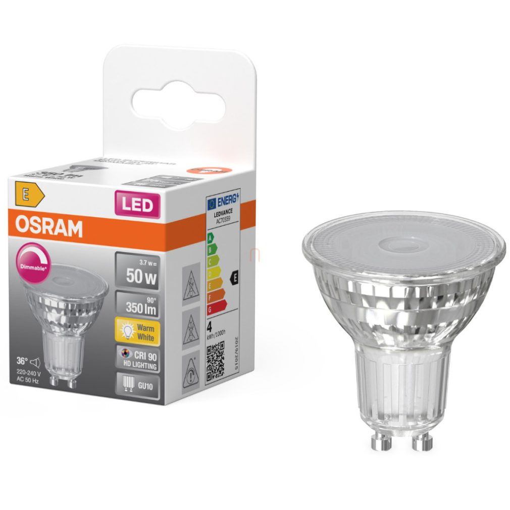 Osram GU10 LED 3,7W, 350 lm, 2700 K, alb cald, dimabil, sticlă transparentă - înlocuiește becul de 50 W - Superstar Spot PAR11