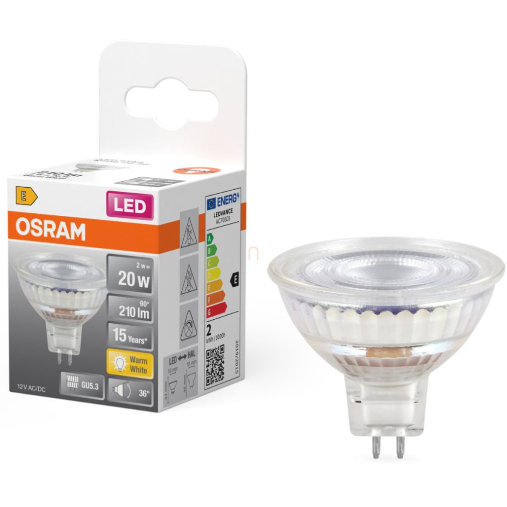 Osram GU5.3 LED 2W, 210 lm, 2700 K, alb cald, 36°, sticlă transparentă - înlocuiește becul de 20 W - Star Spot MR16