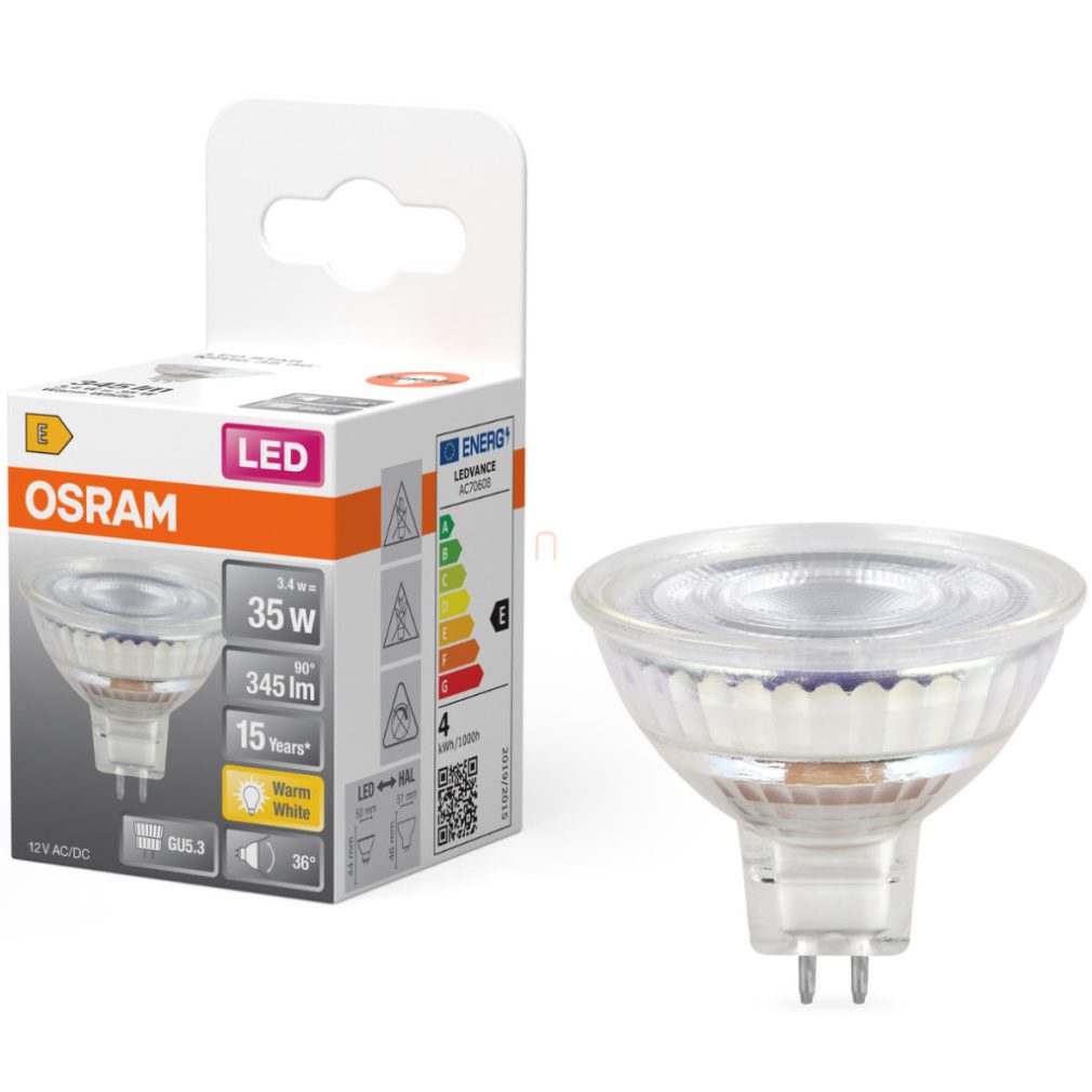 Osram GU5.3 LED 3,4W, 345 lm, 2700 K, alb cald, sticlă transparentă - înlocuiește becul de 35 W - Star Spot MR16