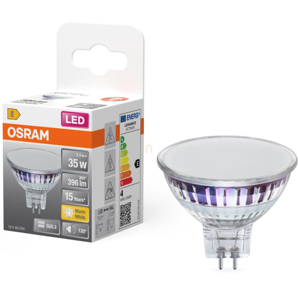 Osram GU5.3 LED 3,3W, 396 lm, 2700 K, alb cald, sticlă transparentă - înlocuiește becul de 35 W - Star Spot MR16