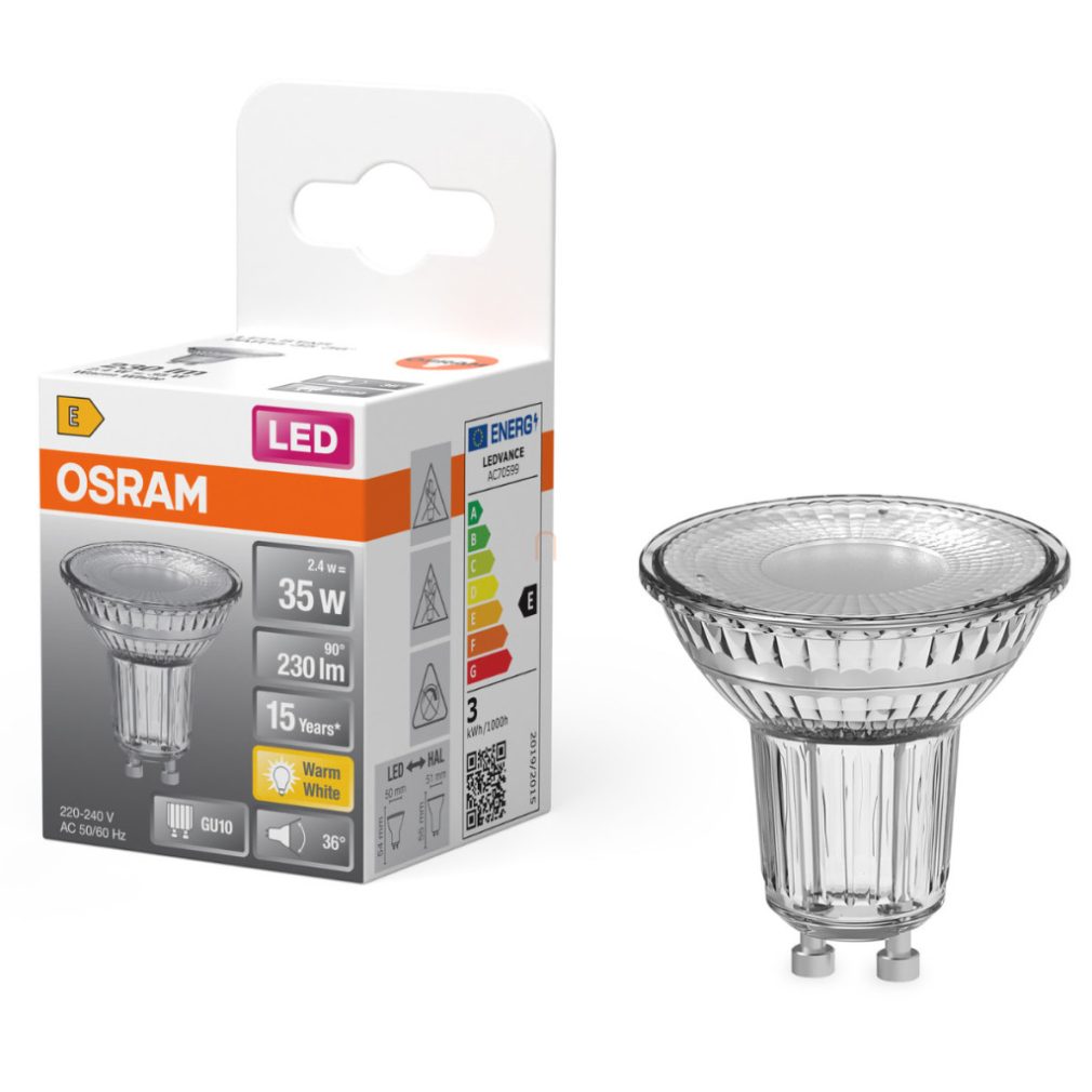 Osram GU10 LED 2,4W, 230 lm, 2700 K, alb cald, sticlă transparentă - înlocuiește becul de 35 W - Star Spot PAR16