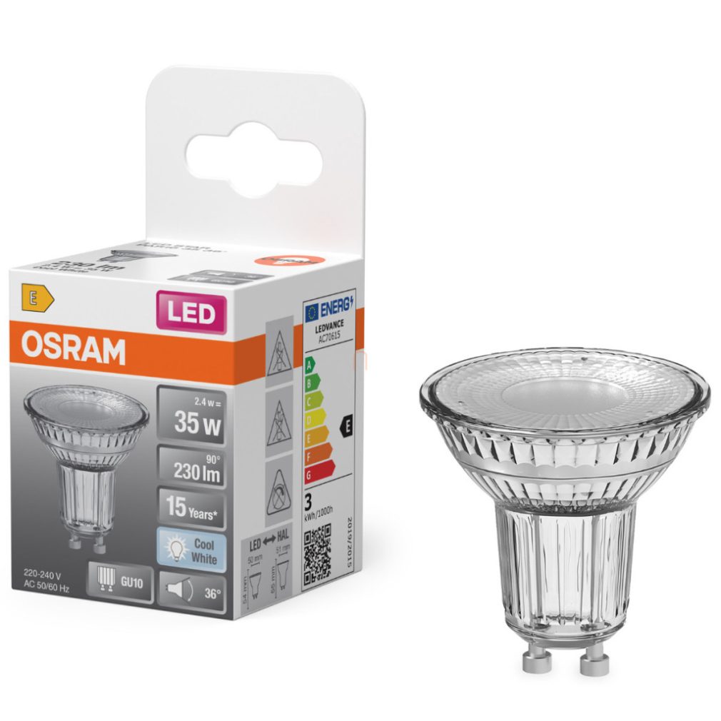 Osram GU10 LED 2,4W, 230 lm, 4000 K, alb rece, sticlă transparentă - înlocuiește becul de 35 W - Star Spot PAR16