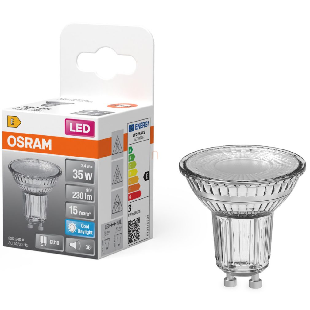 Osram GU10 LED 2,4W, 230 lm, 6500 K, lumină naturală, sticlă transparentă - înlocuiește becul de 35 W - Star Spot PAR16