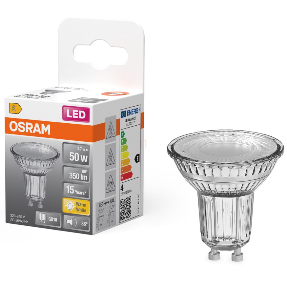Osram GU10 LED 3,7W, 350 lm, 2700 K, alb cald, sticlă transparentă - înlocuiește becul de 50 W - Star Spot PAR16
