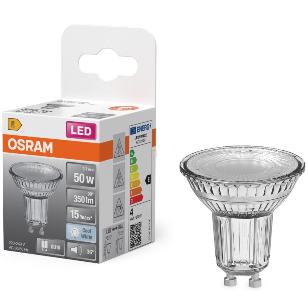 Osram GU10 LED 3,7W, 350 lm, 4000 K, alb rece, sticlă transparentă - înlocuiește becul de 50 W - Star Spot PAR16