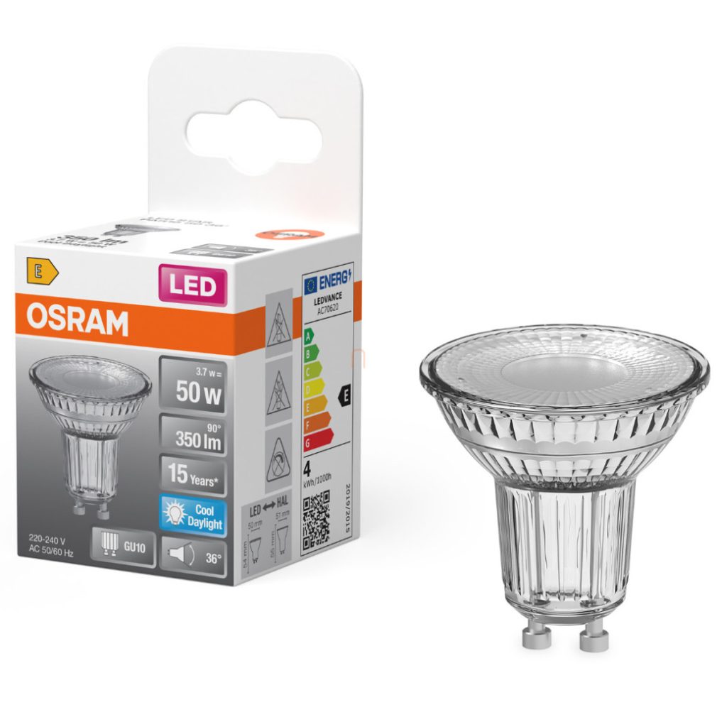 Osram GU10 LED 3,7W, 350 lm, 6500 K, lumină naturală, sticlă transparentă - înlocuiește becul de 50 W - Star Spot PAR16