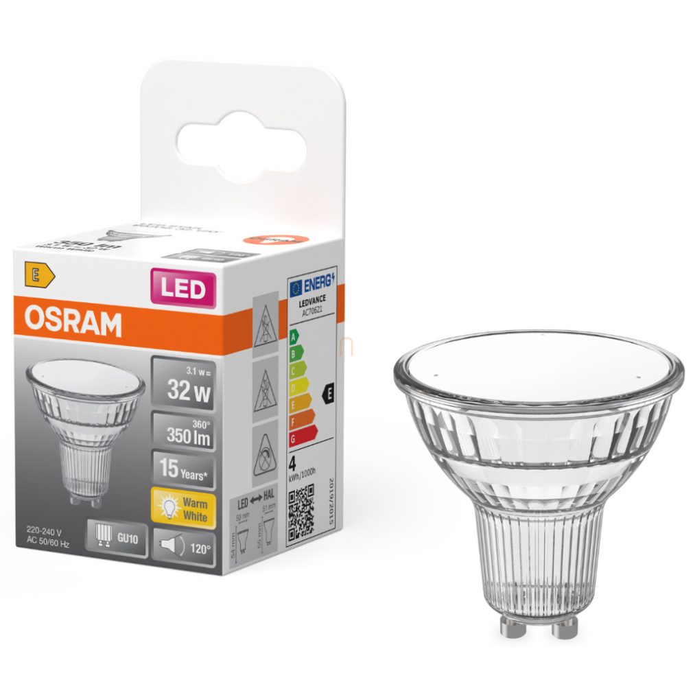 Osram GU10 LED 3,1W, 350 lm, 2700 K, alb cald, sticlă transparentă - înlocuiește becul de 30 W - Star Spot PAR16