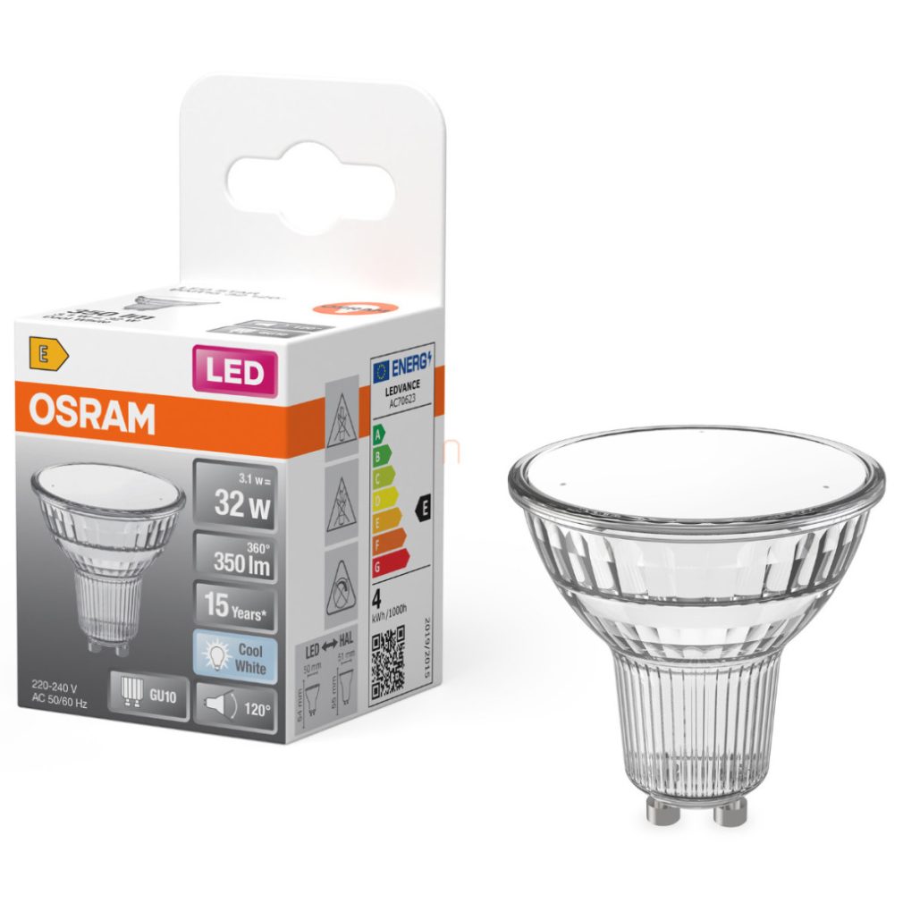 Osram GU10 LED 3,1W, 350 lm, 4000 K, alb rece, sticlă transparentă - înlocuiește becul de 30 W - Star Spot PAR16
