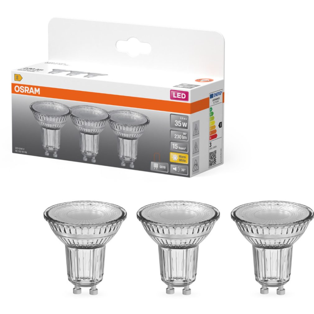 Osram GU10 LED 2,4W, 230 lm, 2700 K, alb cald, sticlă transparentă - înlocuiește becul de 35 W, 3 bucăți - Star Spot PAR16