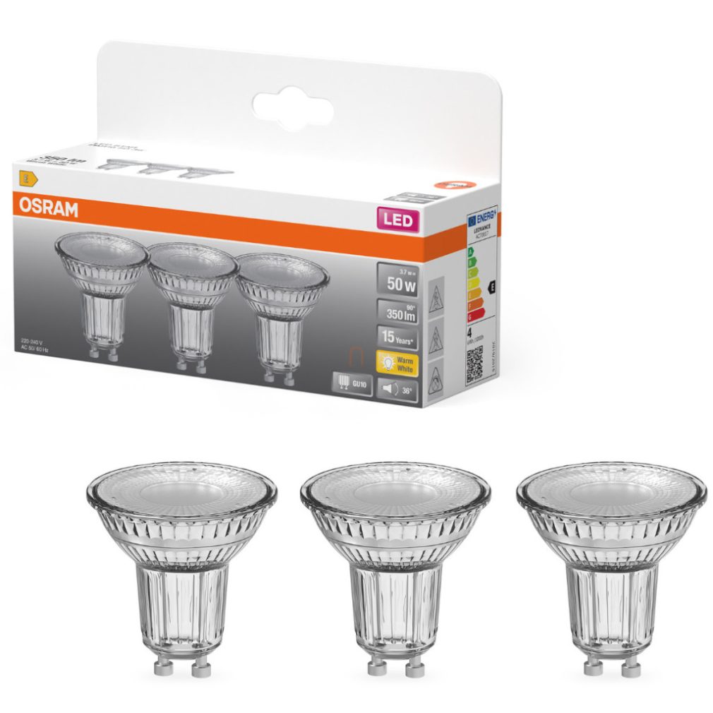 Osram GU10 LED 3,7W, 350 lm, 2700 K, alb cald, sticlă transparentă - înlocuiește becul de 50 W, 3 bucăți - Star Spot PAR16