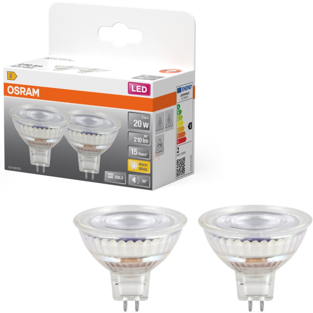 Osram GU5.3 LED 2W, 210 lm, 2700 K, alb cald, sticlă transparentă - înlocuiește becul de 20 W, 2 bucăți, 2 bucăți - Star Spot MR16