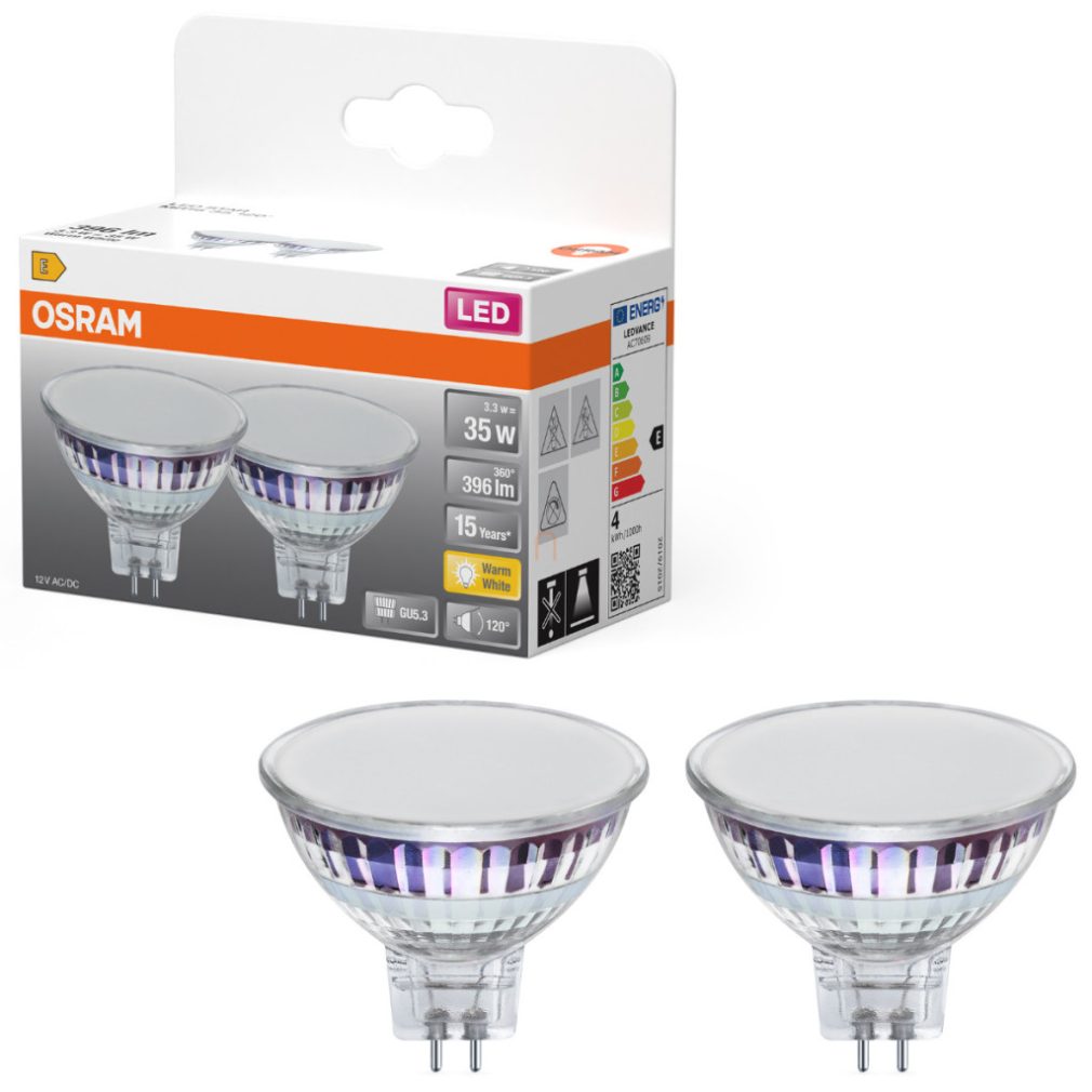 Osram GU5.3 LED 3,3W, 396 lm, 2700 K, alb cald, sticlă transparentă - înlocuiește becul de 35 W, 2 bucăți, 2 bucăți - Star Spot MR16