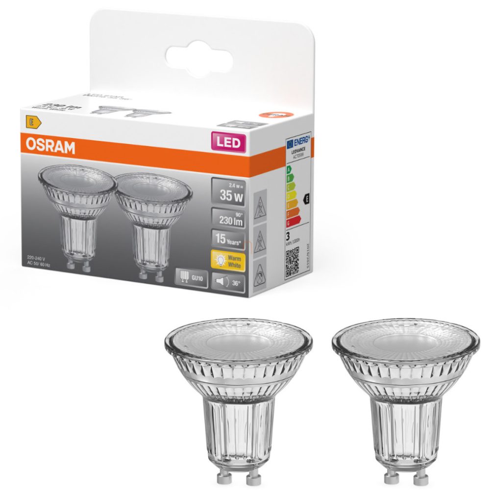 Osram GU10 LED 2,4W, 230 lm, 2700 K, alb cald, sticlă transparentă - înlocuiește becul de 35 W, 2 bucăți - Star Spot PAR16
