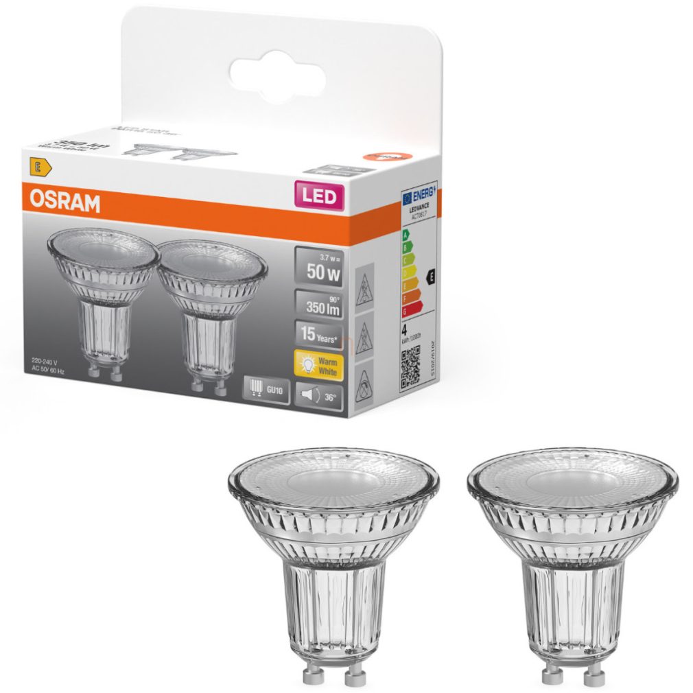 Osram GU10 LED 3,7W, 350 lm, 2700 K, alb cald, sticlă transparentă - înlocuiește becul de 50 W, 2 bucăți - Star Spot PAR16