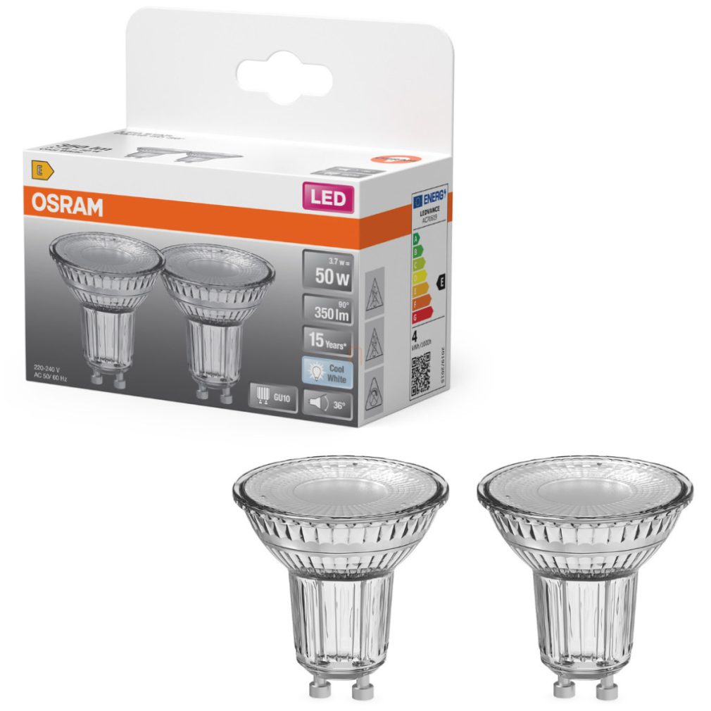 Osram GU10 LED 3,7W, 350 lm, 4000 K, alb rece, sticlă transparentă - înlocuiește becul de 50 W, 2 bucăți - Star Spot PAR16