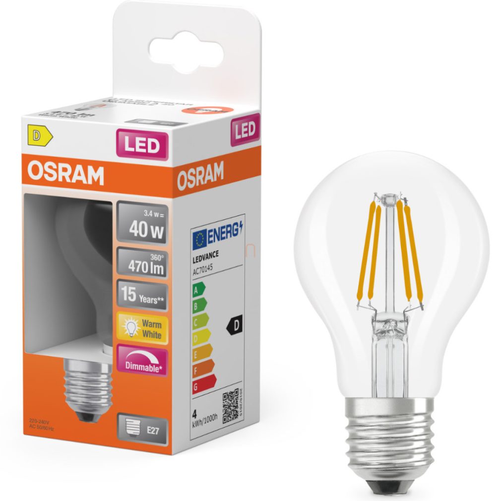 Osram E27 LED 3,4W, 470 lm, 2700 K, alb cald, dimabil, sticlă transparentă - înlocuiește becul normal de 40 W - Superstar Classic A filament
