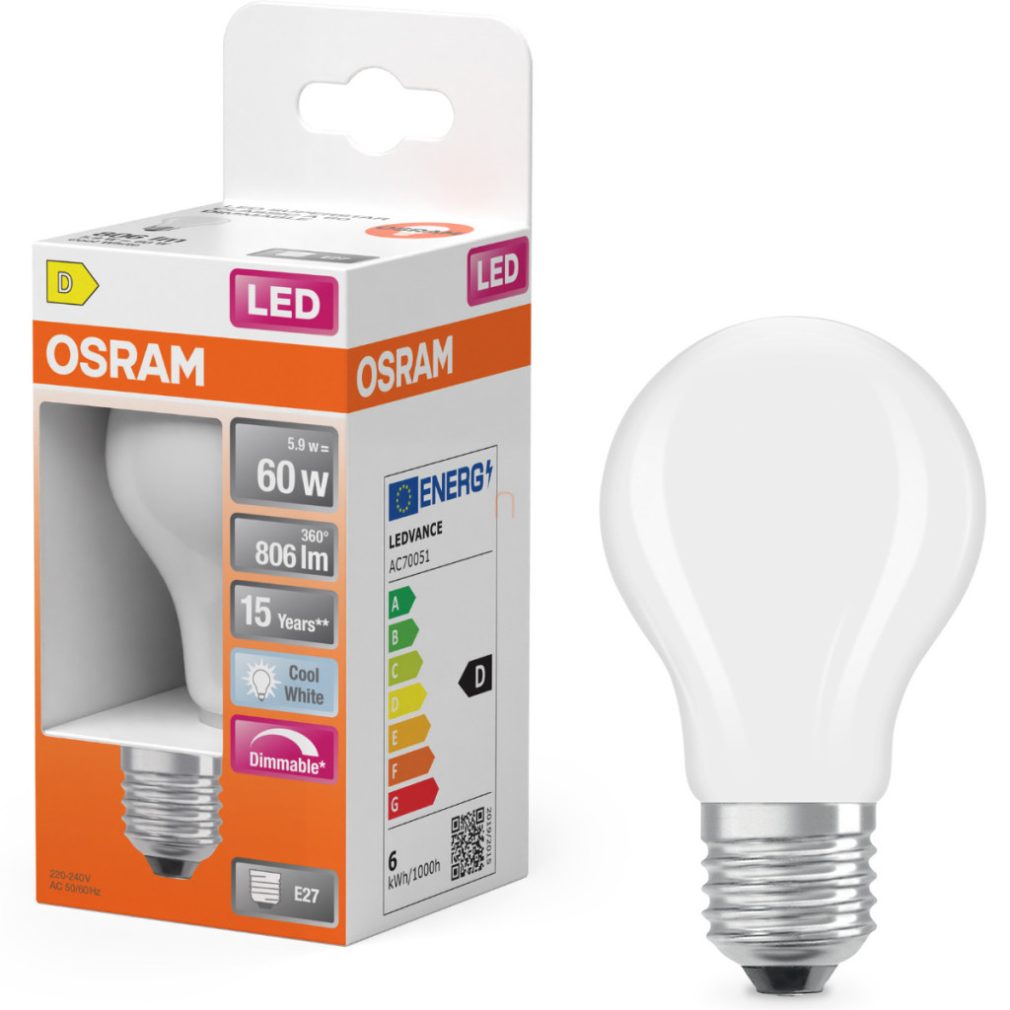 Osram E27 LED 5,9W, 806 lm, 4000 K, alb rece, cu intensitate reglabilă, sticlă opală - înlocuiește becul normal de 60 W - Superstar Classic A