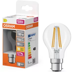   Osram B22d LED 5,9 W, 806 lm, 2700 K, alb cald, reglabil, sticlă transparentă – înlocuitor pentru becul incandescent de 60 W – SuperStar Classic A filament