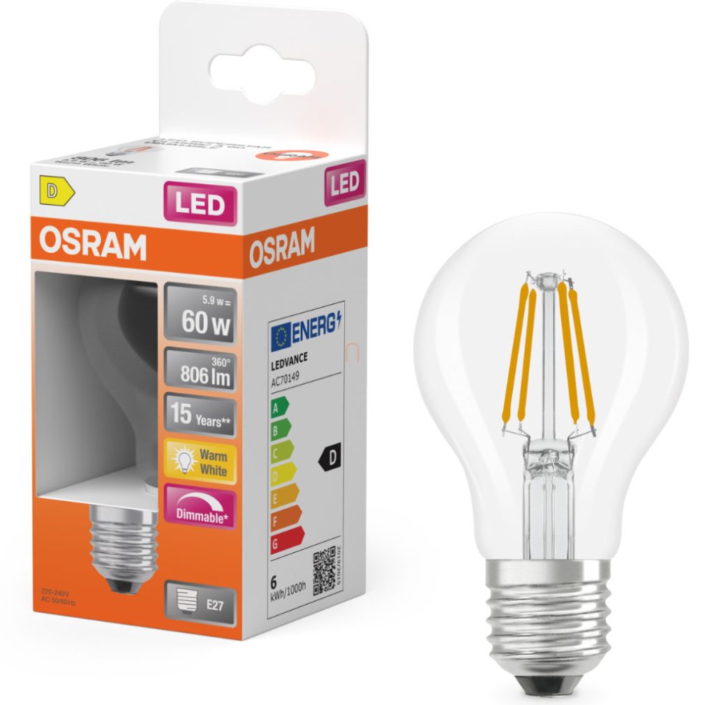 Osram E27 LED 5,9W, 806 lm, 2700 K, alb cald, dimabil, sticlă transparentă - înlocuiește becul normal de 60 W - Superstar Classic A filament