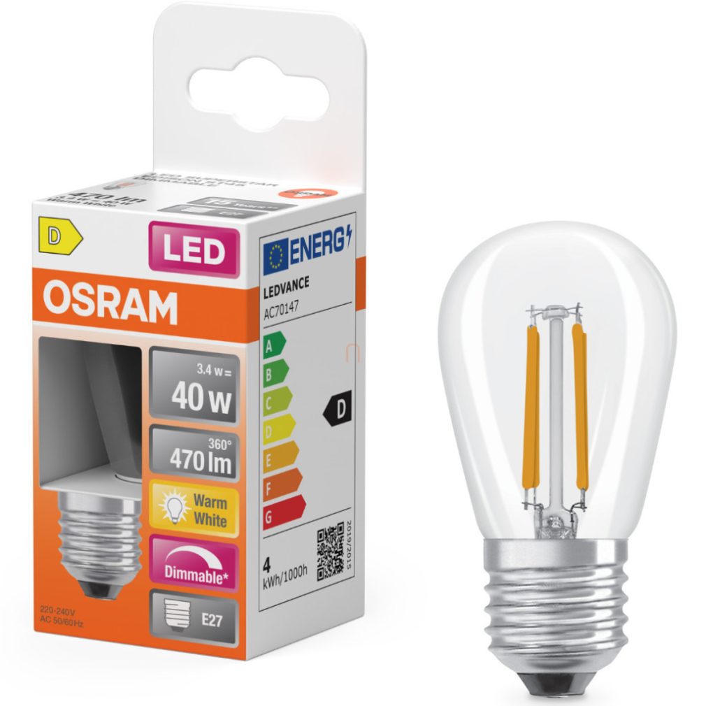 Osram E27 LED Edison, 3,4 W, 470 lm, 2700 K, alb cald, dimabil, sticlă transparentă - înlocuiește becul de 40 W - filament Star Classic