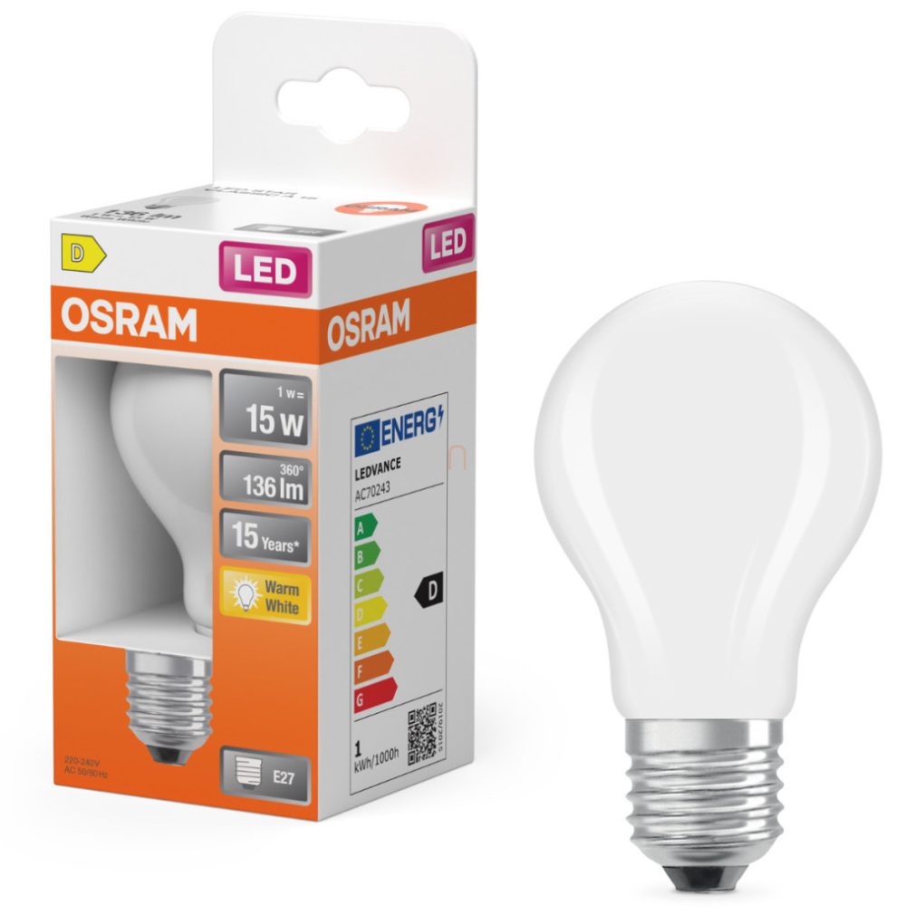 Osram E27 LED 1W, 136 lm, 2700 K, alb cald, sticlă opală - înlocuiește becul normal de 15 W - Star Classic A
