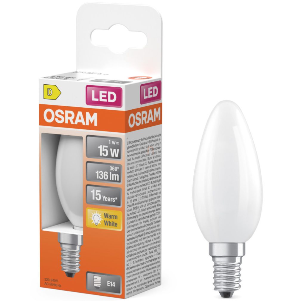 Lămpă LED Osram E14, 1 W, 136 lm, 2700 K, alb cald, sticlă opală - înlocuiește becul incandescent de 15 W - Star Classic B