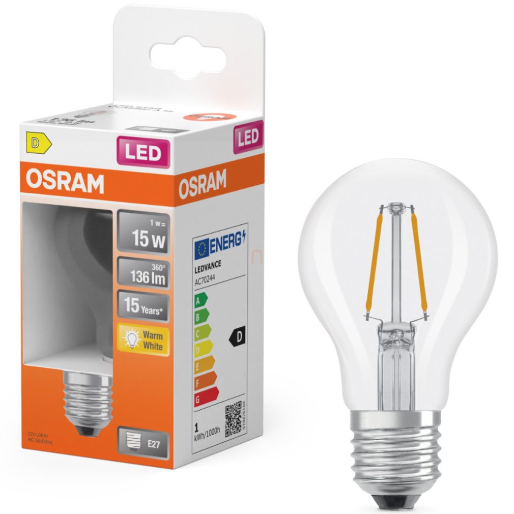 Osram E27 LED 1W, 136 lm, 2700 K, alb cald, sticlă transparentă - înlocuiește becul normal de 15 W - Star Classic A filament