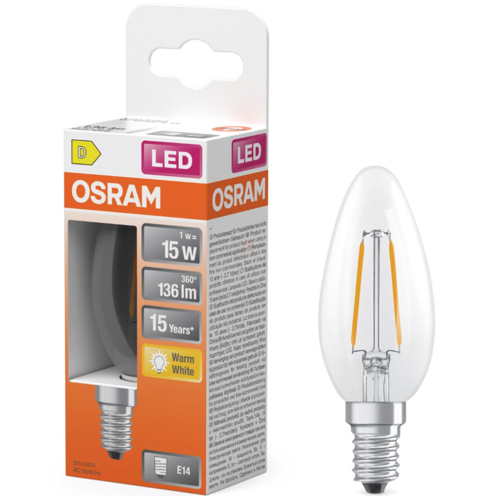 Lămpă LED Osram E14, 1 W, 136 lm, 2700 K, alb cald, sticlă transparentă - înlocuiește becul incandescent de 15 W - filament Star Classic B