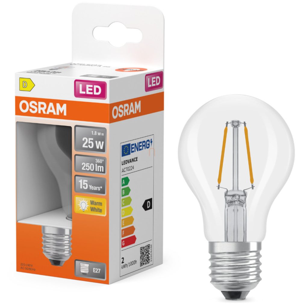 Osram E27 LED 1,8W, 250 lm, 2700 K, alb cald, sticlă transparentă - înlocuiește becul normal de 25 W - Star Classic A filament