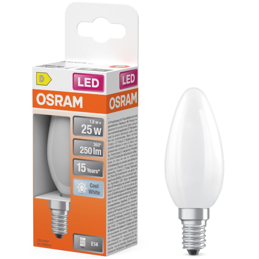 Lămpă LED Osram E14, 1,8 W, 250 lm, 4000 K, alb rece, sticlă opală - înlocuiește becul de 25 W - Star Classic B