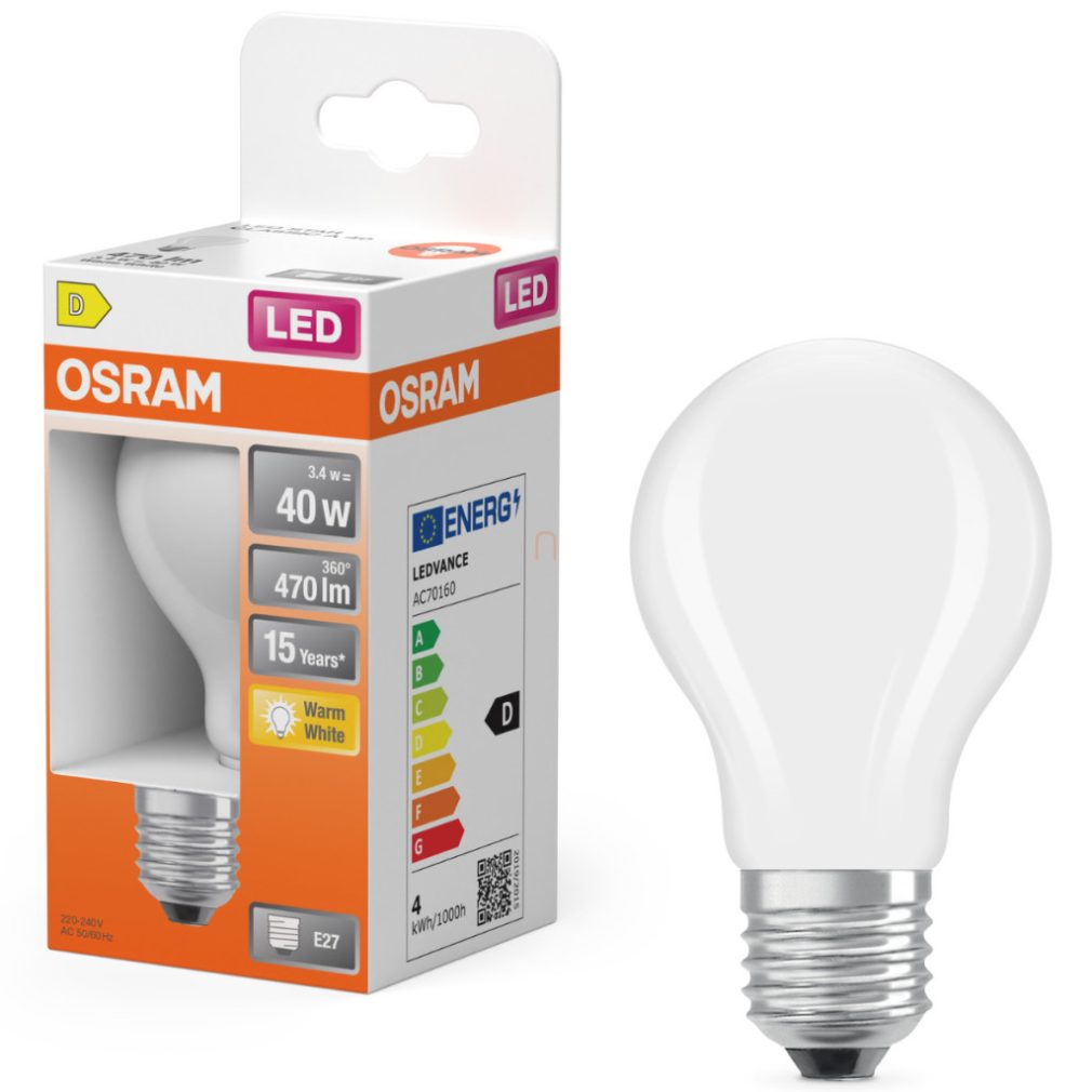 Osram E27 LED 3,4W, 470 lm, 2700 K, alb cald, sticlă opală - înlocuiește becul normal de 40 W - Star Classic A
