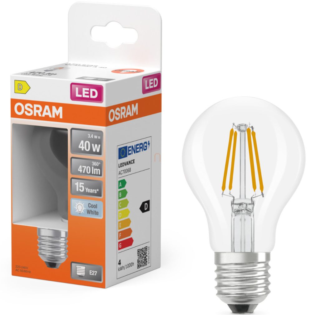 Osram E27 LED 3,4W, 470 lm, 4000 K, alb rece, sticlă transparentă - înlocuiește becul normal de 40 W - Star Classic A filament