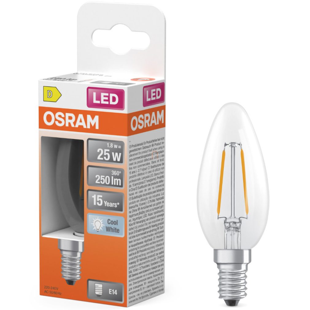 Lămpă LED Osram E14, 1,8 W, 250 lm, 4000 K, alb rece, sticlă transparentă - înlocuiește becul incandescent de 25 W - Star Classic B filament