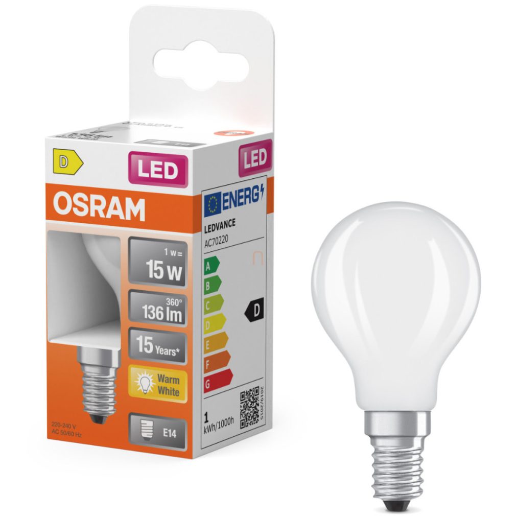 Osram E14 LED globule, 1W, 136 lm, 2700 K, alb cald, sticlă opală - înlocuiește becul de 15 W - Superstar Classic P