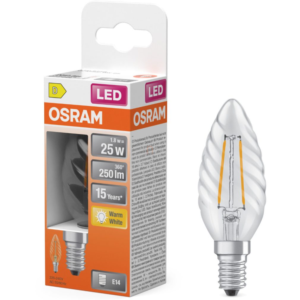 Lămpi LED Osram E14, 1,8 W, 250 lm, 2700 K, alb cald, sticlă transparentă - înlocuiesc becurile de 25 W - Star Classic BW filament
