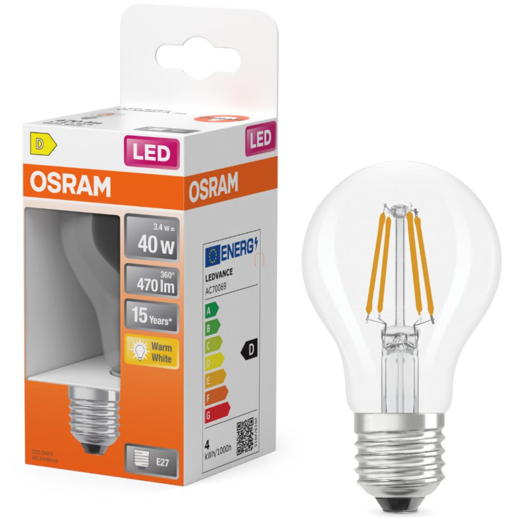 Osram E27 LED 3,4W, 470 lm, 2700 K, alb cald, sticlă transparentă - înlocuiește becul normal de 40 W - Star Classic A filament