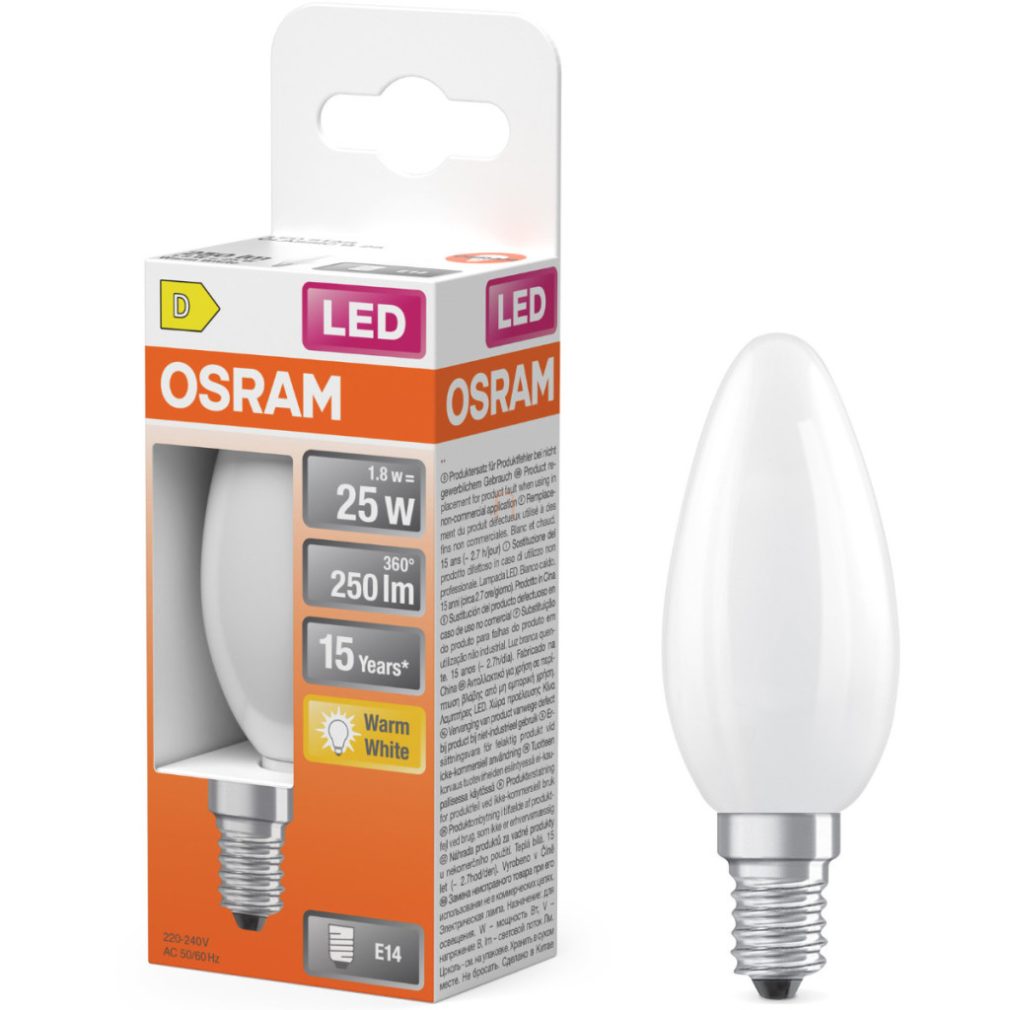 Lămâncă LED Osram E14, 1,8 W, 250 lm, 2700 K, alb cald, sticlă opală - înlocuiește becul incandescent de 25 W - Star Classic B