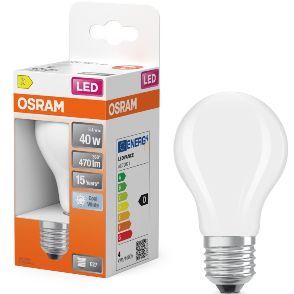 Osram E27 LED 3,4W, 470 lm, 4000 K, alb rece, sticlă opală - înlocuiește becul normal de 40 W - Star Classic A