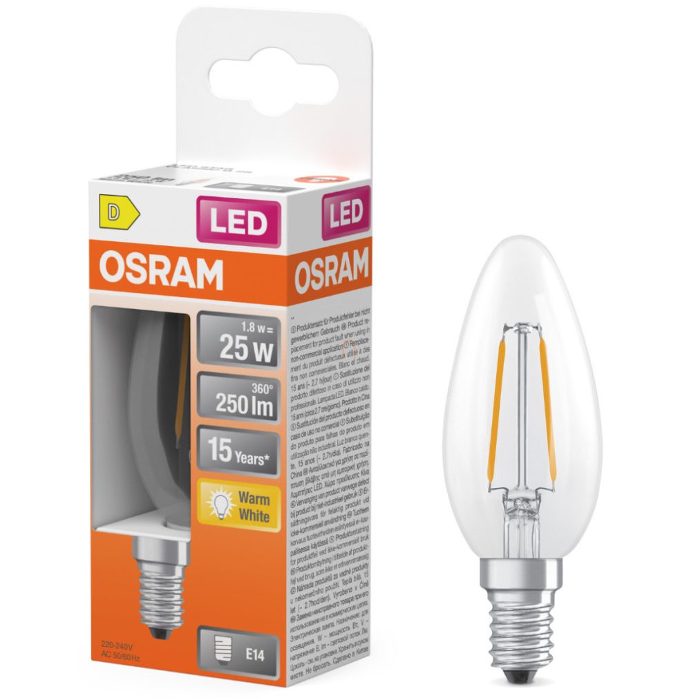 Lămpă LED Osram E14, 1,8 W, 250 lm, 2700 K, alb cald, sticlă transparentă - înlocuiește becul de 25 W - filament Star Classic B