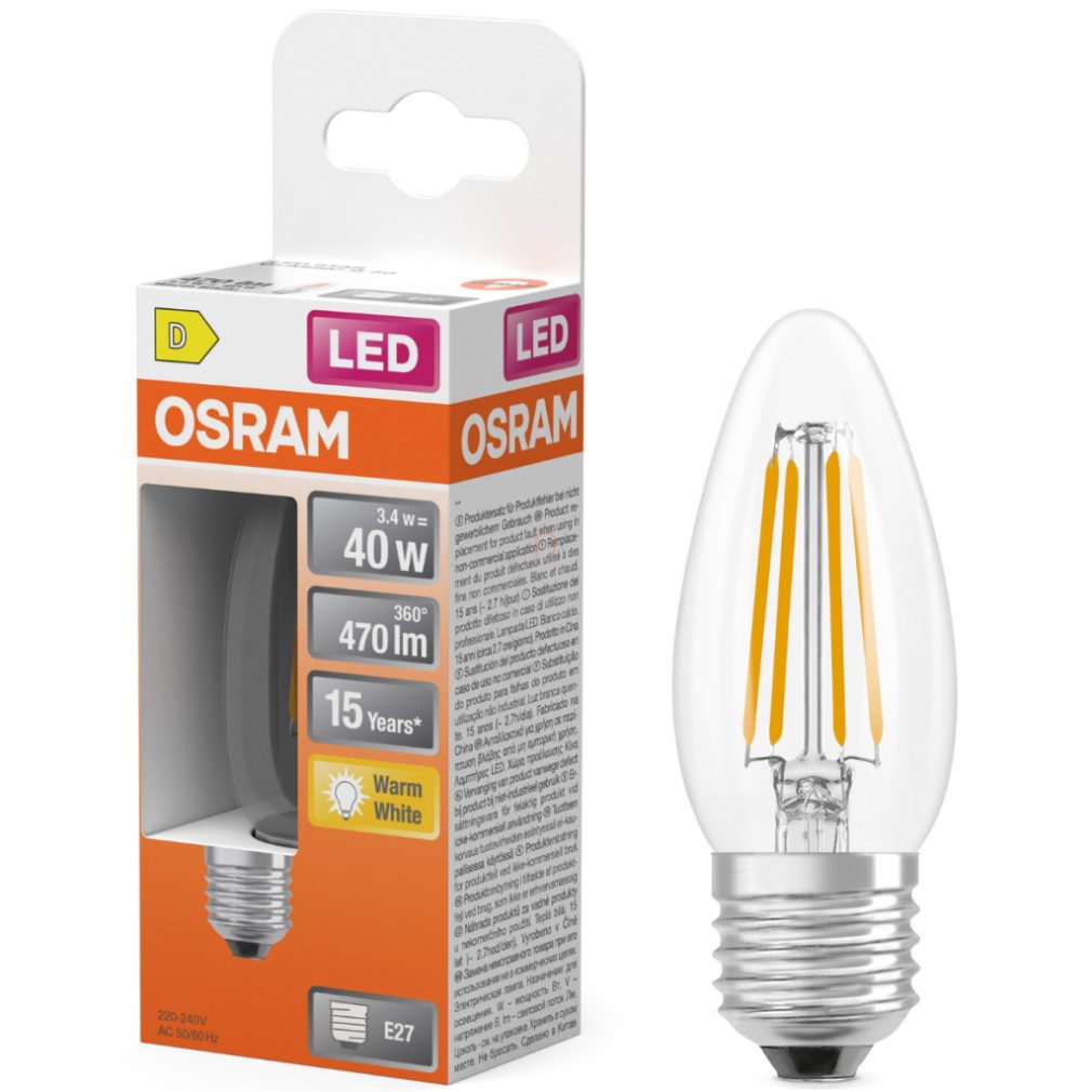 Osram E27 LED lumânare, 3,4W, 470 lm, 2700 K, alb cald, sticlă transparentă - înlocuiește becul de 40 W - Star Classic B filament
