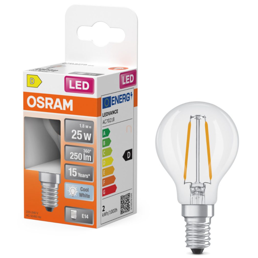 Osram E14 LED globule, 1,8 W, 250 lm, 4000 K, alb rece, sticlă transparentă - înlocuiește becul de 25 W - Superstar Classic P filament