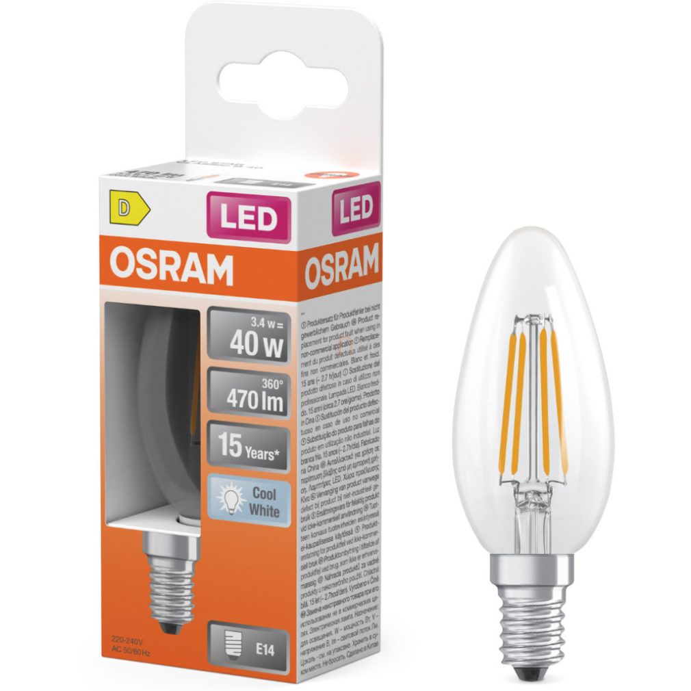 Lămpă LED Osram E14, 3,4 W, 470 lm, 4000 K, alb rece, sticlă transparentă - înlocuiește becul de 40 W - filament Star Classic B