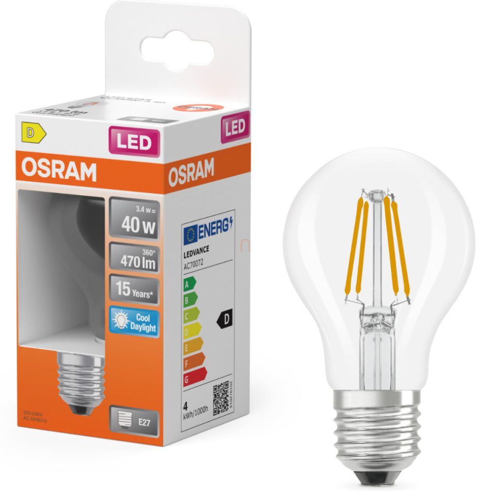 Osram E27 LED 3,4W, 470 lm, 6500 K, lumină naturală, sticlă transparentă - înlocuiește becul normal de 40 W - Star Classic A filament