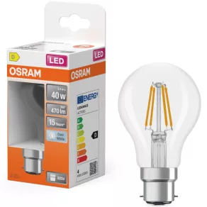   Osram B22d LED 3,4 W, 470 lm, 4000 K, alb rece, sticlă transparentă – în locul becului incandescent de 40 W – Star Classic A filament