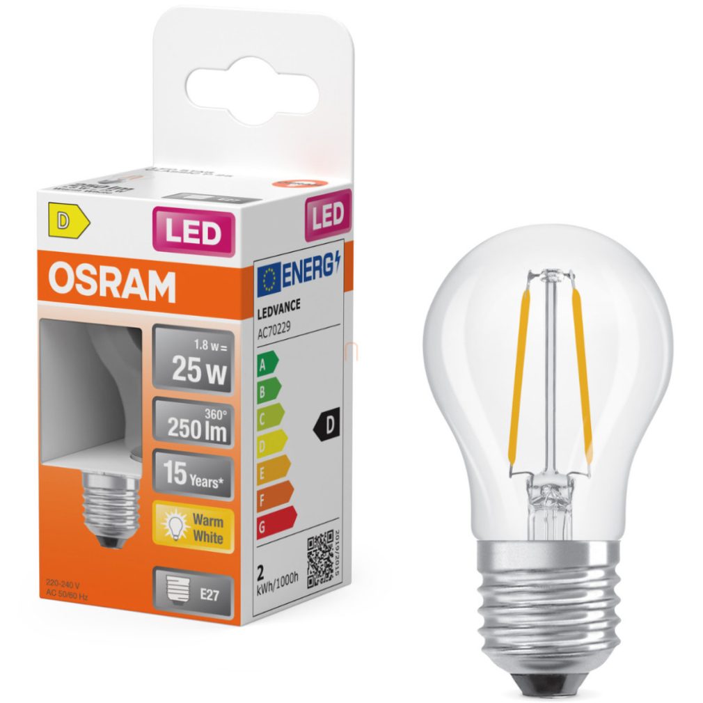 Osram E27 LED globule, 1,8 W, 250 lm, 2700 K, alb cald, sticlă transparentă - înlocuiește becul de 25 W - Superstar Classic P filament