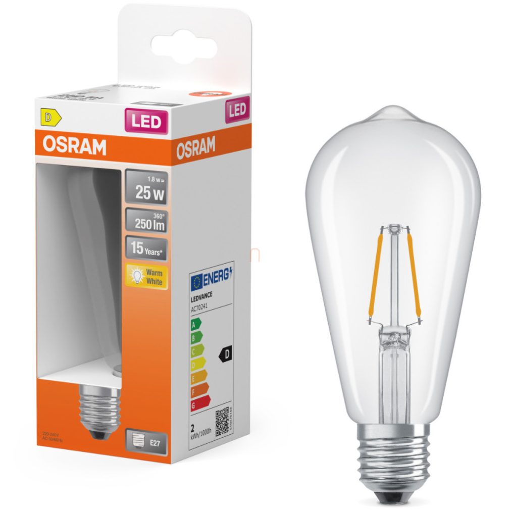 Osram E27 LED Edison filament, 1,8W, 250 lm, 2700 K, alb cald, sticlă transparentă - înlocuiește becul de 25 W - Star Classic filament