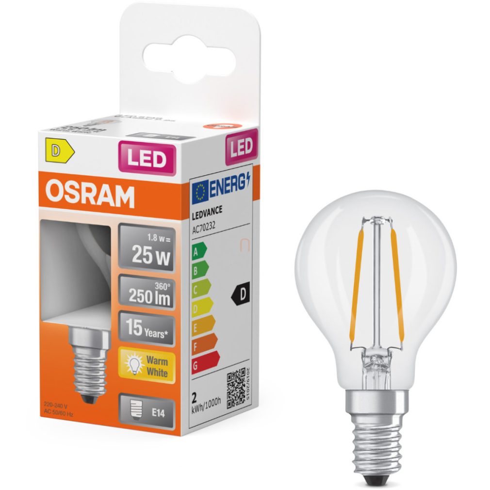 Osram E14 LED globule, 1,8W, 250 lm, 2700 K, alb cald, sticlă transparentă - înlocuiește becul de 25 W - Superstar Classic P filament