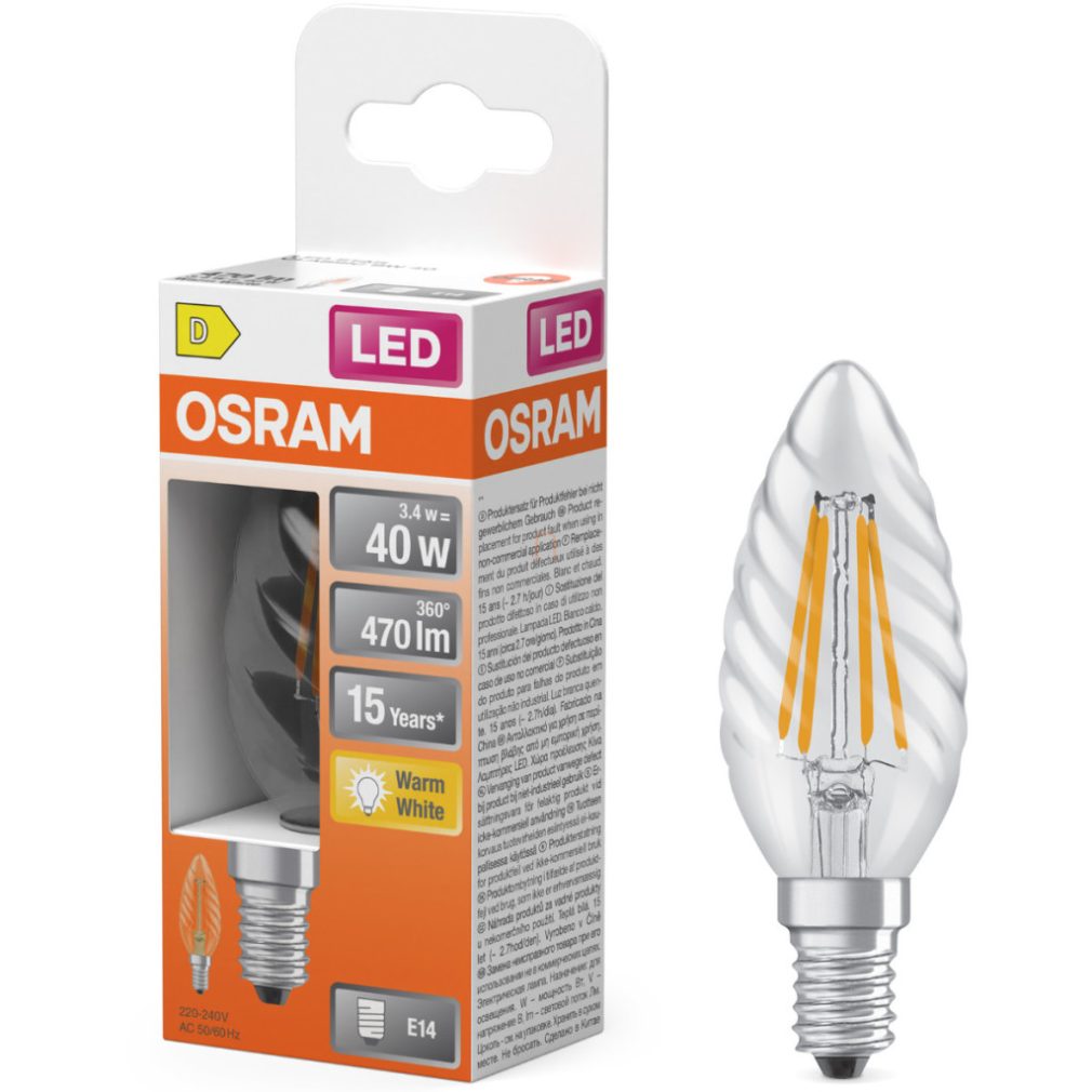 Lămpă LED Osram E14, 3,4 W, 470 lm, 2700 K, alb cald, sticlă transparentă - înlocuiește becul de 40 W - Star Classic BW filament