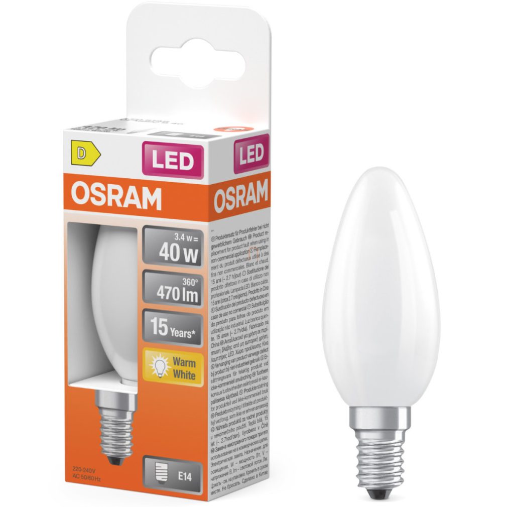 Lămpi LED Osram E14, 3,4 W, 470 lm, 2700 K, alb cald, sticlă opală - înlocuiesc becurile de 40 W - Star Classic B