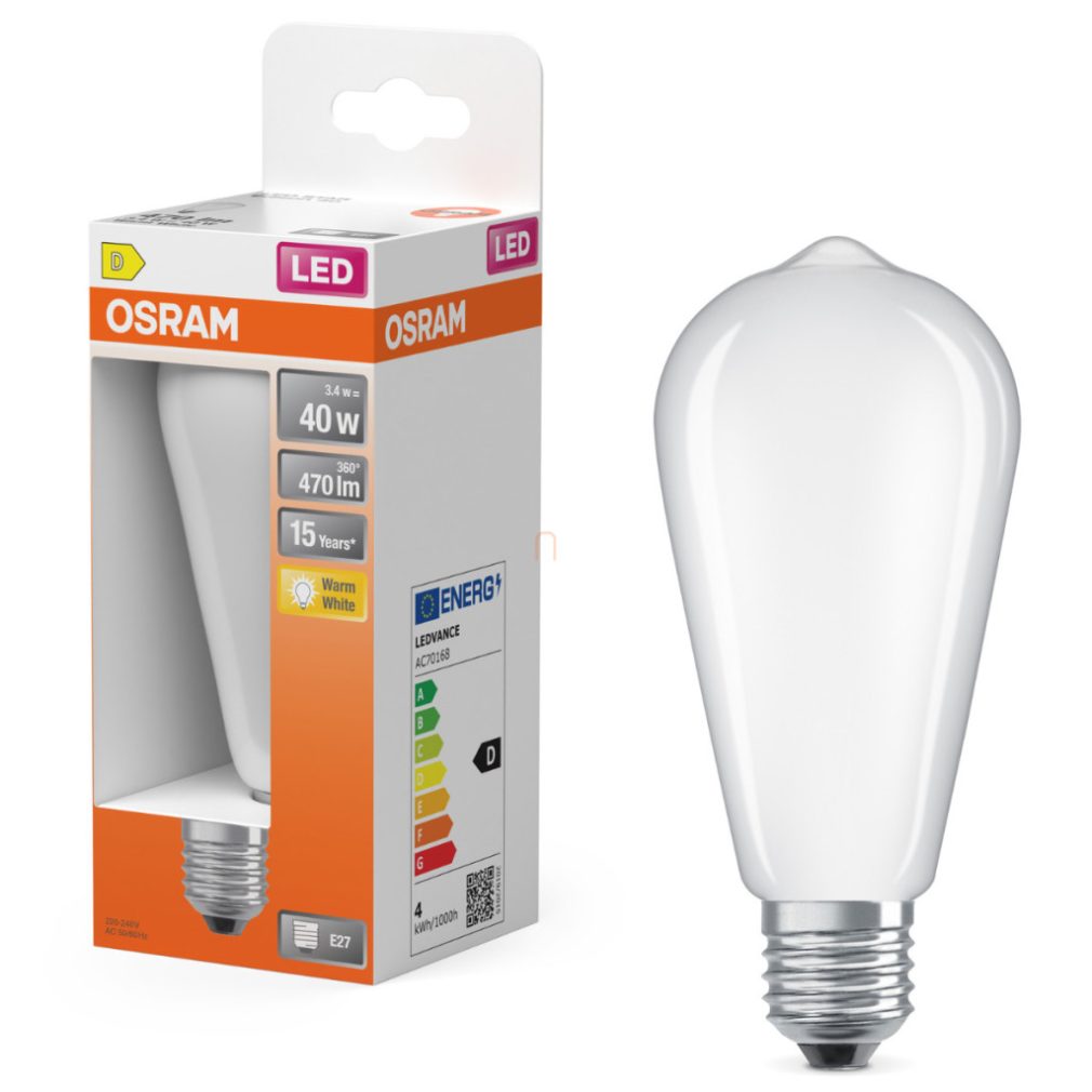 Osram E27 LED Edison, 3,4W, 470 lm, 2700 K, alb cald, sticlă opală - înlocuiește becul de 40 W - Star Classic